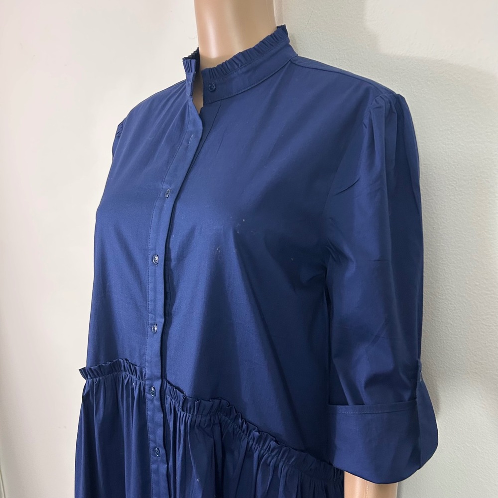Taylor Tillman Navy Blue Cotton Poplin Ruffle Drop Waist Midi Shirt Dress Small - Picture 11 of 13